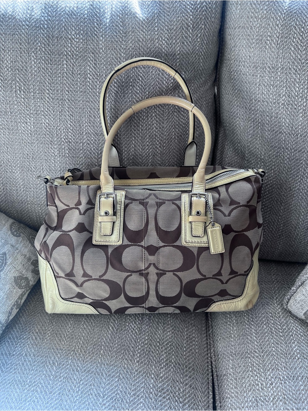 Vintage COACH Hamptons Signature C Jacquard Satchel Handbag Brown Cream F15670
